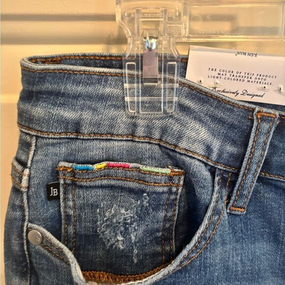 Judy Blue Rainbow Stitched Skinny Jeans Blue Distressed - Picture 5 of 9